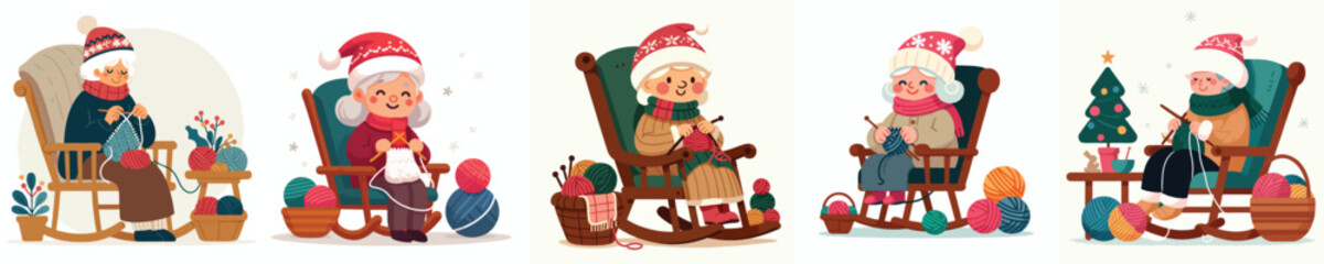 Grandma knitting in a winter rocking chair