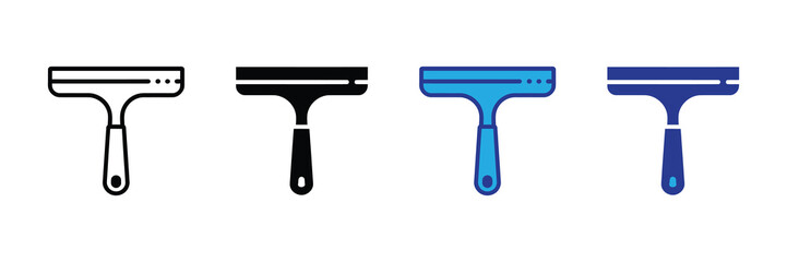 Four distinct icon variations of a squeegee tool: outline, solid black, filled blue, and outlined dark blue, ideal for cleaning and design contexts.