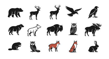 Majestic wildlife collection featuring iconic forest and plains animals like bears, deer, eagles, and foxes rendered in bold, modern silhouette style