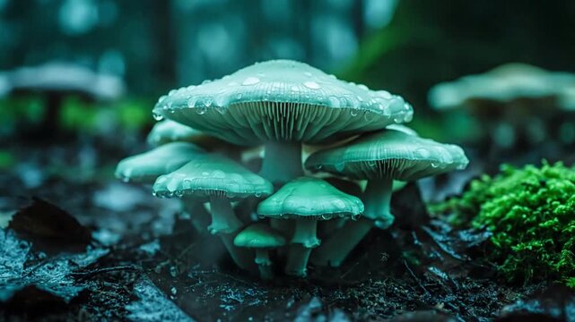 Subterranean Grotto Illumination: Expansive wide shot of a hidden cave or grotto, naturally illuminated by numerous clusters of vibrant, otherworldly glowing mushrooms on damp rock formations.