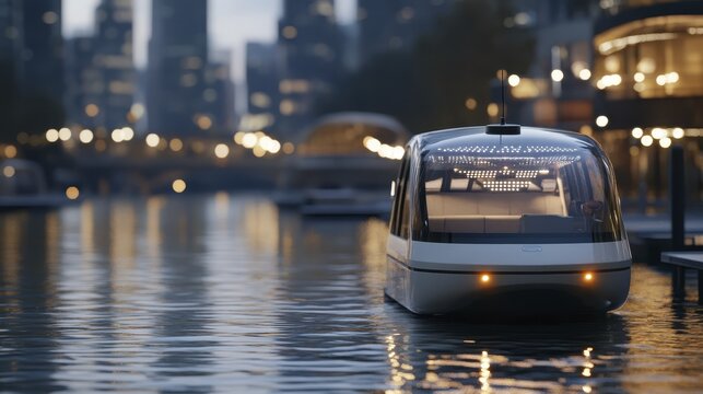 Futuristic autonomous water taxi navigating urban canal at dusk with city lights