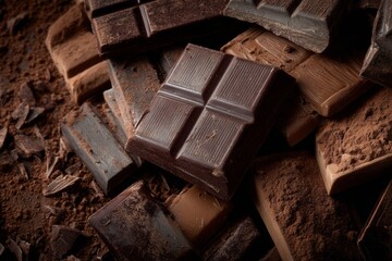 A close-up assortment of broken chocolate bars and cocoa pieces scattered across a dark surface.