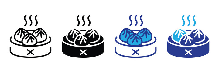Collection of stylized icons depicting steaming dumplings in bamboo baskets, representing asian cuisine and food preparation.