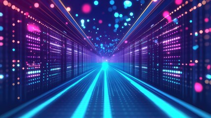 Server room abstract data processing and network tunnel visuals