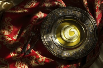 Elegant dining: ornate dish with artistic butter swirl on luxurious red fabric
