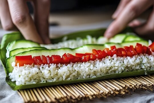 Preparing fresh vegetable sushi roll on bamboo mat with cucumber, bell pepper, and rice