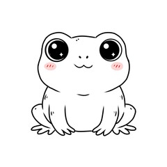 Charming cartoon frog illustration with big, sparkling eyes and rosy cheeks. Adorable black and white line art vector graphic, perfect for kids' designs