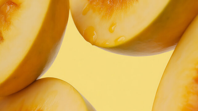 Close-up of sliced peaches with juice droplets on a yellow background