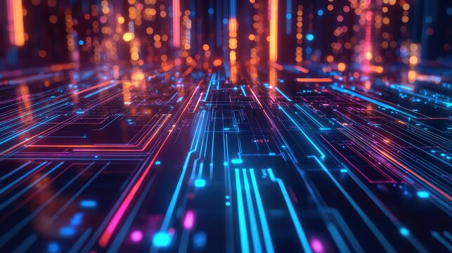 Digital information processing with glowing circuit board lines
