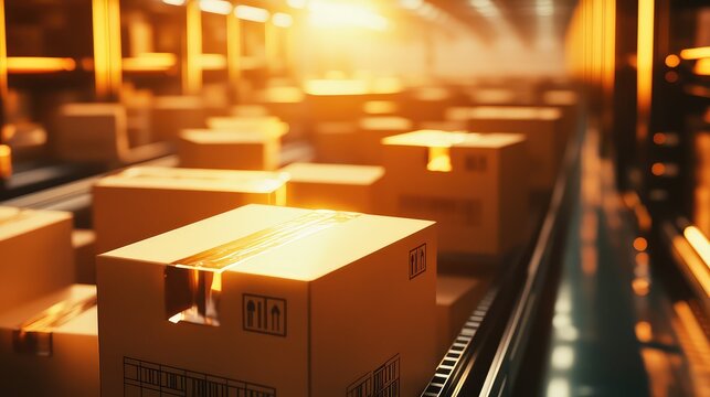 Packages moving along conveyor belt in warehouse
