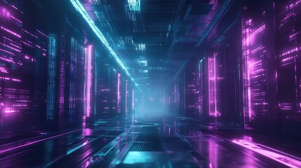 Futuristic digital data corridor with neon light