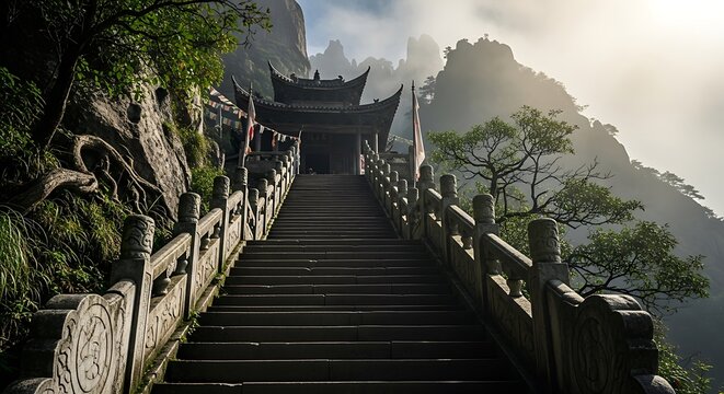 Ancient Stone Staircase Ascending to a Traditional Temple in the Misty Mountains of China.