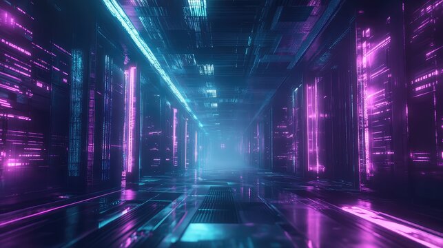 Futuristic digital data corridor with neon light - Powered by Adobe
