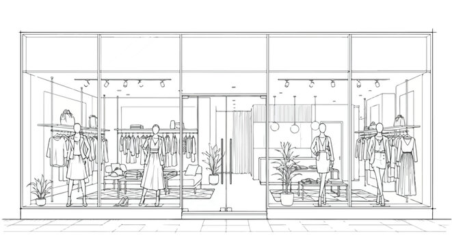 Minimalist storefront sketch of a modern boutique featuring full-glass frontage, clean linear geometry, structured window bays, and a streamlined retail fa&ccedil;ade.