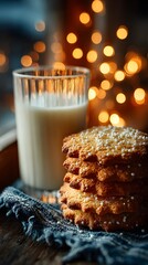 Cozy and Festive Cookies with Warm Milk in a Charming Holiday Vignette Amid Bokeh Lights - Sweet Seasonal Treats and Comforting Moments in Delightful Food Photography