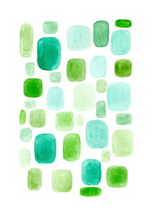 A minimalist abstract image consisting of numerous freely arranged watercolor shapes on a pure white background. Various shades of green and turquoise dominate.