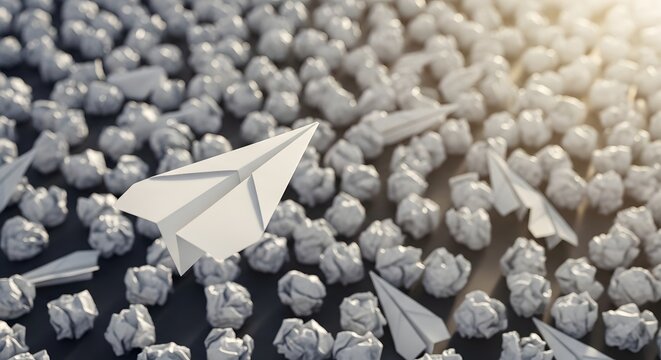 A collection of white paper airplanes flying over a bed of crumpled paper balls, creating a dynamic and creative scene with a sense of motion and imagination