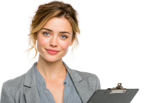 Confident Professional with Clipboard: A portrait of a poised woman, radiating competence and approachability. She holds a clipboard, embodying professionalism and readiness.
