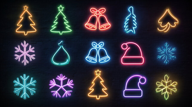 Vibrant neon Christmas symbols in animated loop.