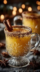 Spiced Holiday Drink: Cozy Cinnamon Goodness with Warm Aromatic Spices in a Festive Glass Mug
