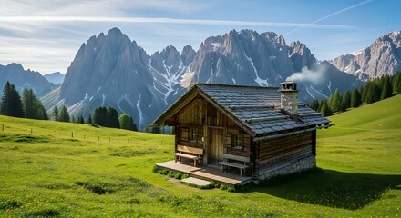 Obraz premium Charming wooden hut on a grassy hill with majestic mountains.