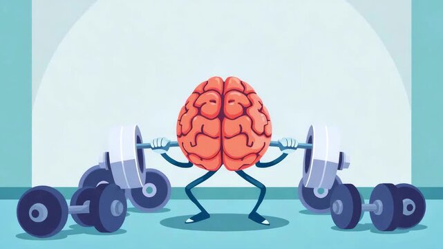 Brain with a barbell, cartoon illustration style. Concept of brain pumping, mental training, development and learning, human brain