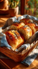 Freshly Baked Bread with Golden Crust and Warm Rolls in Rustic Basket: Artisan Loaf Sprinkled with Seeds, Capturing Homemade Goodness and Inviting Aroma in Cozy Kitchen Food Photography