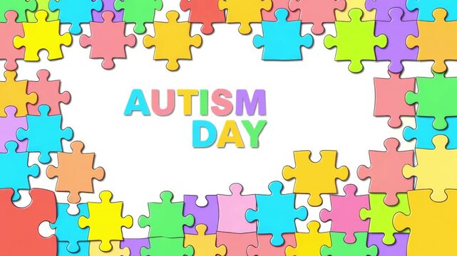 The inscription "Autism Day" surrounded by brightly colored puzzle pieces on a white background. An animated banner with the World Autism Awareness Day concept, cartoon illustration style