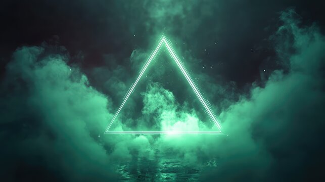 Glowing neon triangle emerging from green smoke and water