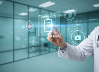 Doctor in white coat interacts with digital health icons, showcasing modern technology in medical environment. scene conveys innovation and advanced healthcare solutions