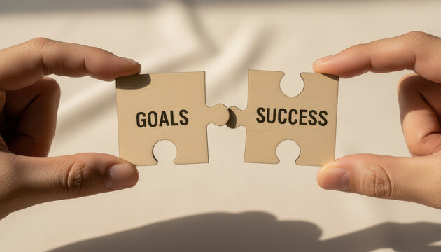 Hands holding puzzle pieces with words Goals and Success symbolizing connection between achieving objectives and attaining success. This conveys motivation and determination