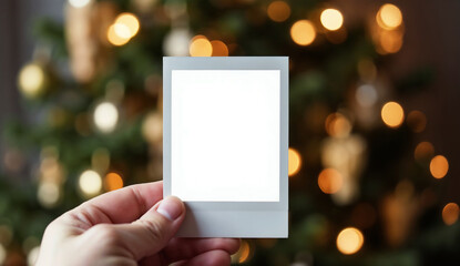 Hand holding blank polaroid photo with Christmas tree background