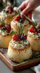 Elegant Artisan Dessert: Festive Pastry with Strawberries and Blueberries, Whipped Cream and Floral Accents for a Sweet Holiday Celebration