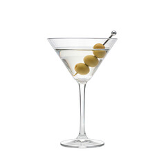 A clear martini cocktail garnished with three green olives on a cocktail pick isolated on a black background studio shot