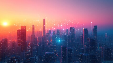 Fototapeta premium Smart city network connecting buildings at sunset