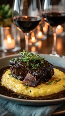 Exquisite Gourmet Meal with Braised Beef and Creamy Polenta: A Candlelit Fine Dining Experience Featuring Wine Pairing and Elegant Presentation