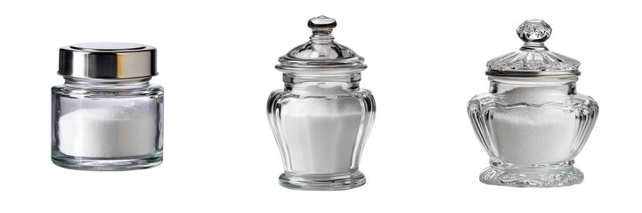 Three glass jars filled with white granular substance isolated on a transparent background
