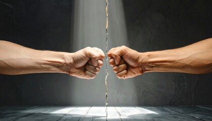 Two clenched fists on opposite sides of a cracked wall, illuminated by a beam of light. A strong visual representation