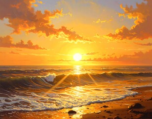 A vibrant seascape showcases a sunset over the ocean. Waves crash on the shore, the sky filled with golden clouds and light