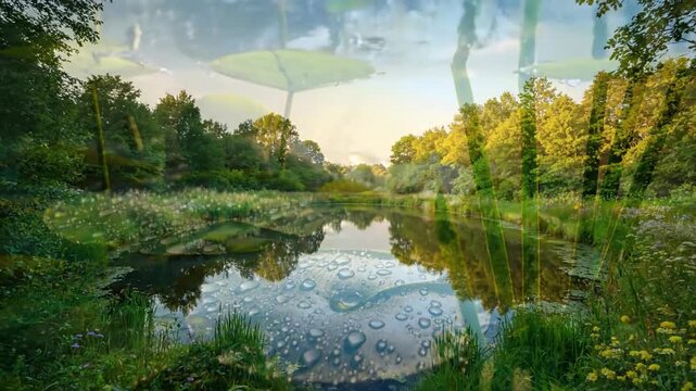 Close up of water droplets forming on lily pads or emergent vegetation, creating miniature reflective spheres that distort and abstract the environment.