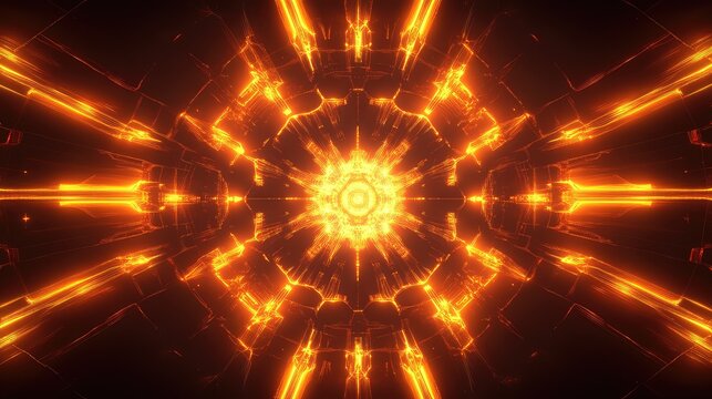 Abstract glowing orange futuristic tunnel with symmetrical light