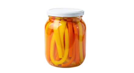 Isolated jar of pickled sweet bell peppers in vinegar, tasty homemade healthy vegetarian food