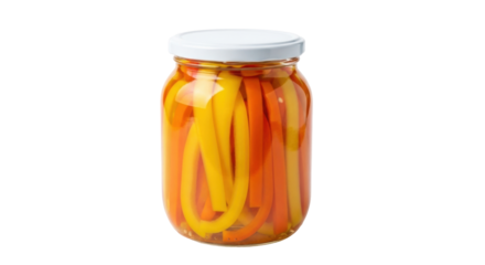 Isolated jar of pickled sweet bell peppers in vinegar, tasty homemade healthy vegetarian food