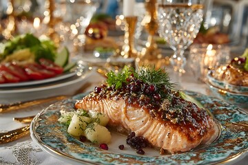 Exquisite Gourmet Salmon: An Elegant Fine Dining Experience Plated with Culinary Delight and Refined Elegance