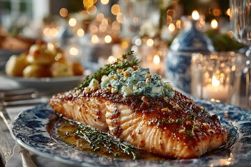 Elegantly Plated Glazed Salmon on Blue Plate: Culinary Artistry with Herbs and Spices for a Gourmet Dining Experience  