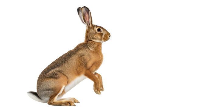 Isolated European hare standing, curious behavior, looking to the side, wild animal