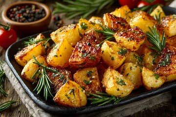 Crispy Golden Roasted Potatoes with Herb Seasoning, Garlic Infusion, and Rosemary Sprigs - Delicious Oven-Baked Side Dish for a Nutritious Vegetarian Delight