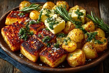 Golden Crispy Herb-Garnished Roasted Potatoes: A Flavorful Dish of Mouthwatering Presentation and Culinary Delight on a Rustic Wooden Table
