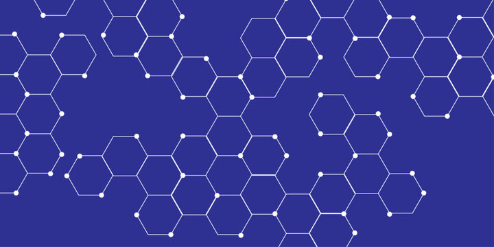 blue hexagon background. geometric hexagonal shapes pattern design. futuristic technology and science elements. hexagon lines and dots on a deep blue background. - Powered by Adobe