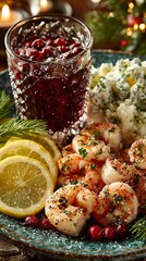 Festive Shrimp with Lemon and Cranberry Drink: A Culinary Delight for a Holiday Gathering Featuring Elegant Plates and Rich, Traditional Flavors